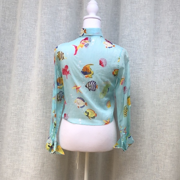 Leggiadro light blue with fishes button down blouse tie at waist - Picture 3 of 14